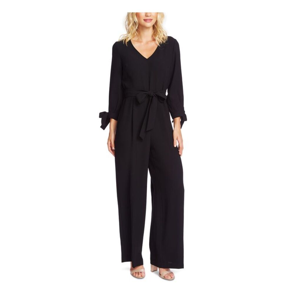 CECE Womens Black Tie Zippered 3/4 Sleeve V Neck Wide Leg Jumpsuit 2